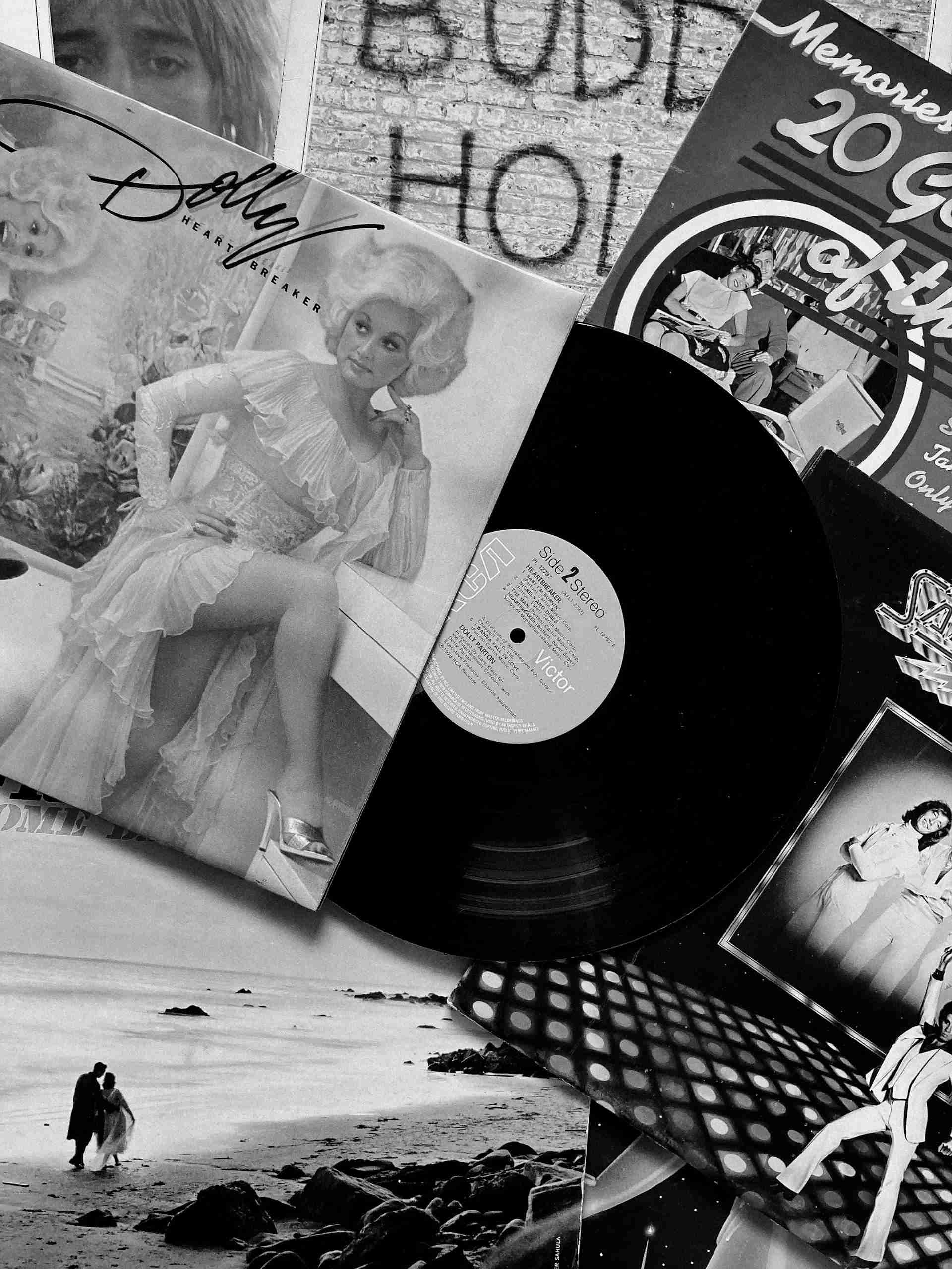 A black and white collage featuring vintage vinyl records and retro celebrity images.